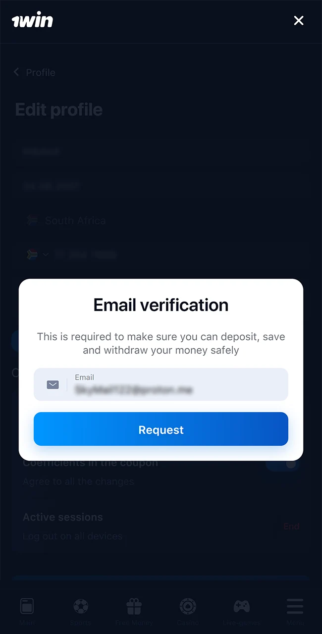 Go to your email to confirm your 1win casino account.
