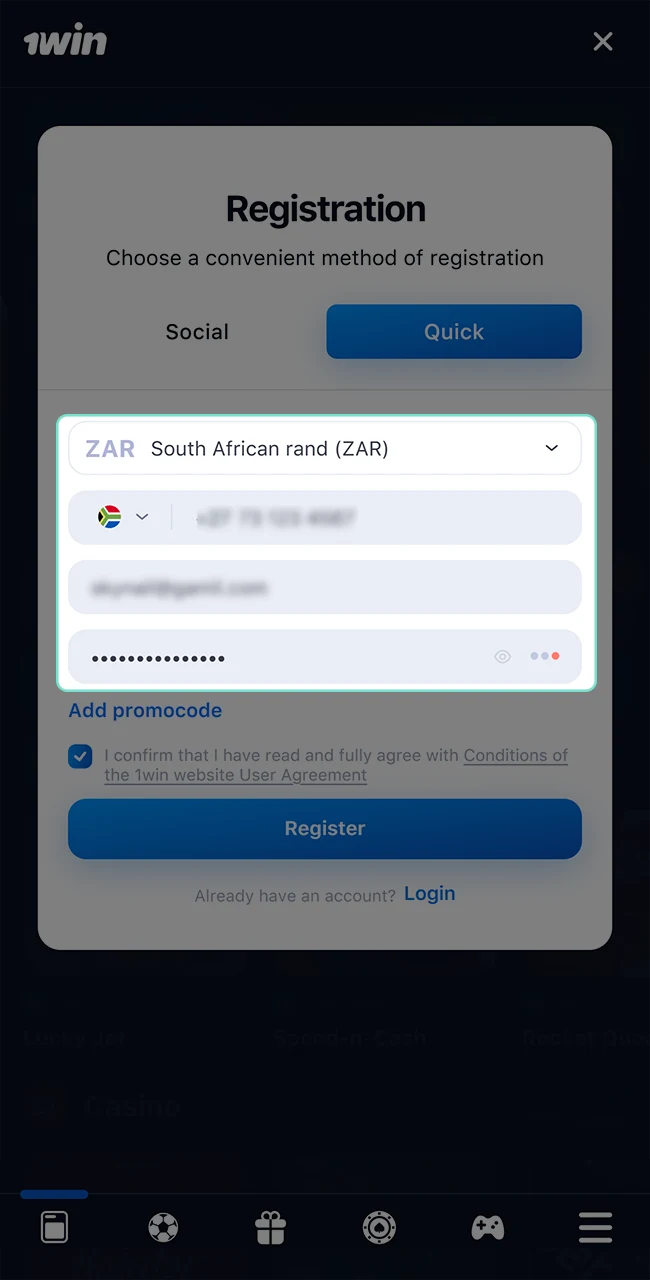 Attention fill in the form fields carefully to register at 1win casino.