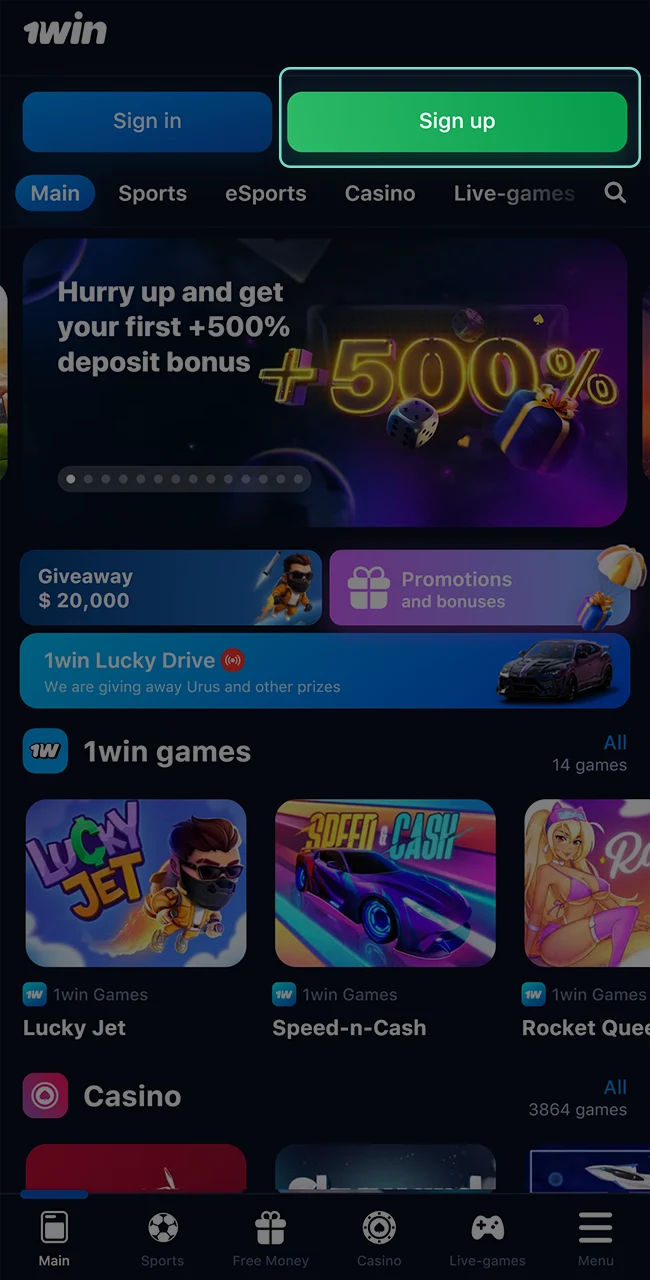 Click on the green button to register with 1win.