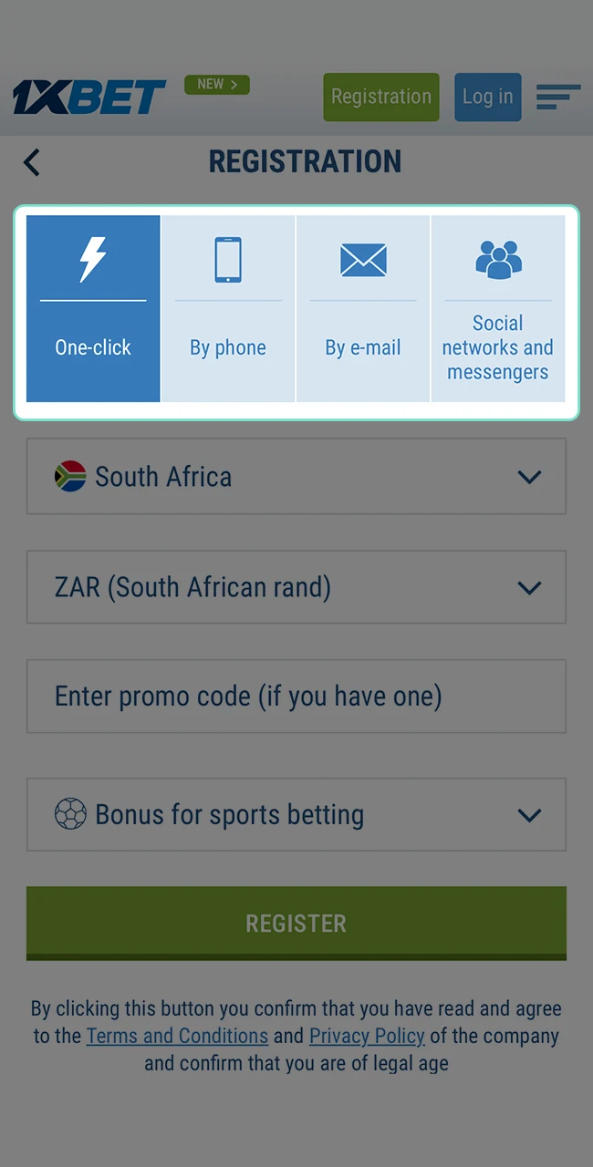 Choose the method of instant registration in the 1xBet app that suits you.