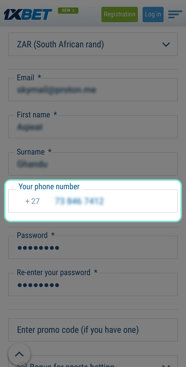 Pay your attention to the line with the number that is required when registering on the 1xBet website.