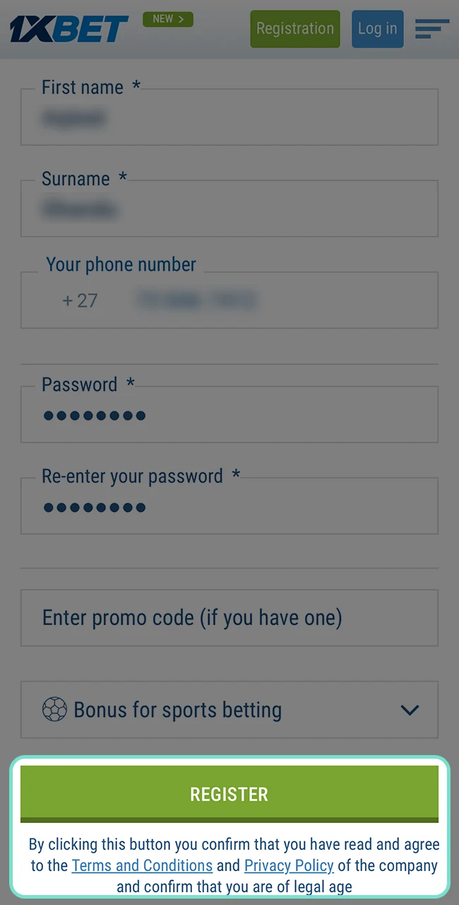 Complete your registration by selecting the green button below the form on the 1xBet website.