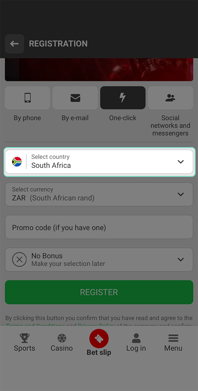 Select your country from the drop-down list when registering at 888starz casino.