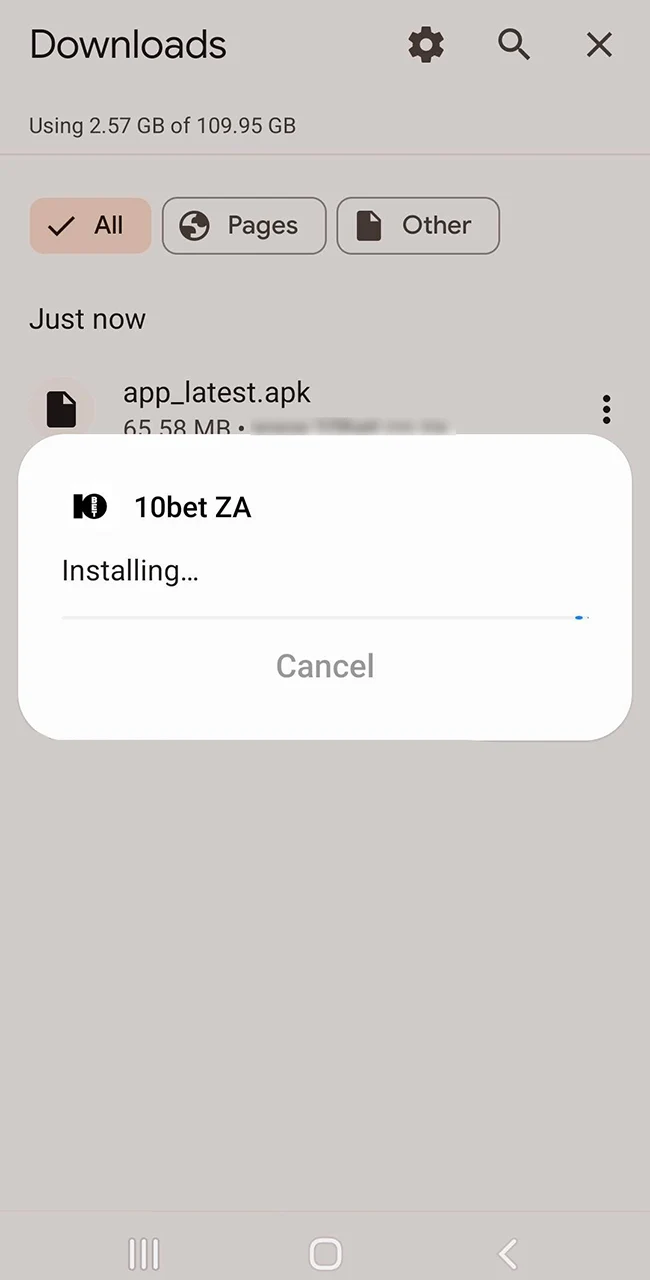 Wait for the installation of the 10Bet mobile app to complete.
