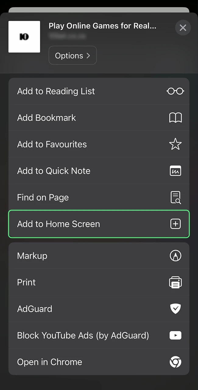 Familiarise yourself with the browser menu, which you can use to install the 10Bet app.