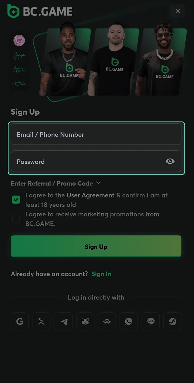 Read the BC Game registration form and enter all the required details.