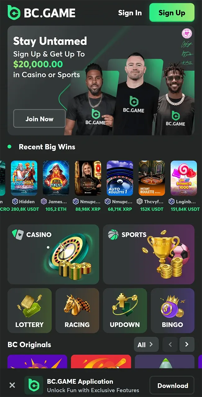 Open the official website of BC Game one of the best bookmakers in South Africa.