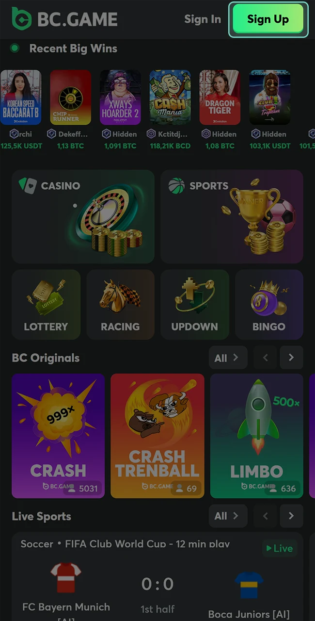 Select the button at the top of the page to start registration in the BC Game application.