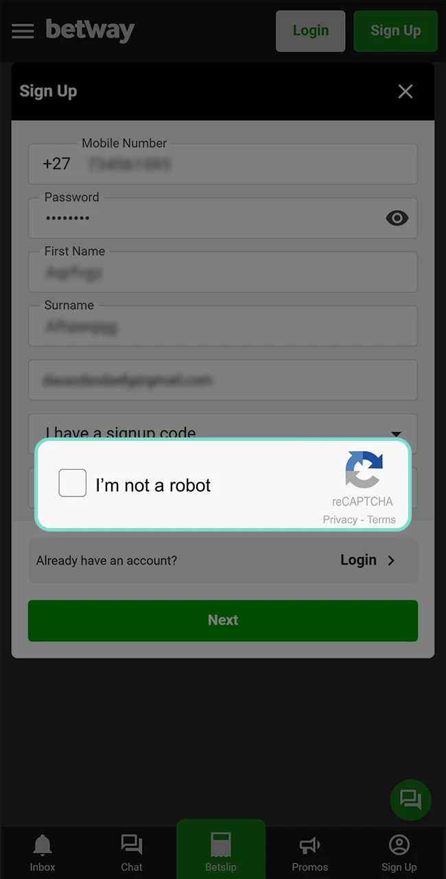 Go through the Betway registration process to prove that you are a human being.