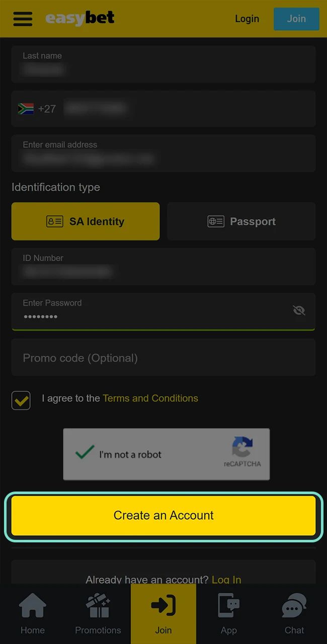 Complete your registration on the Easybet website.
