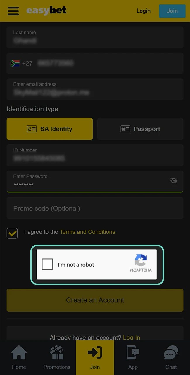 Complete your registration by passing the captcha on Easybet.