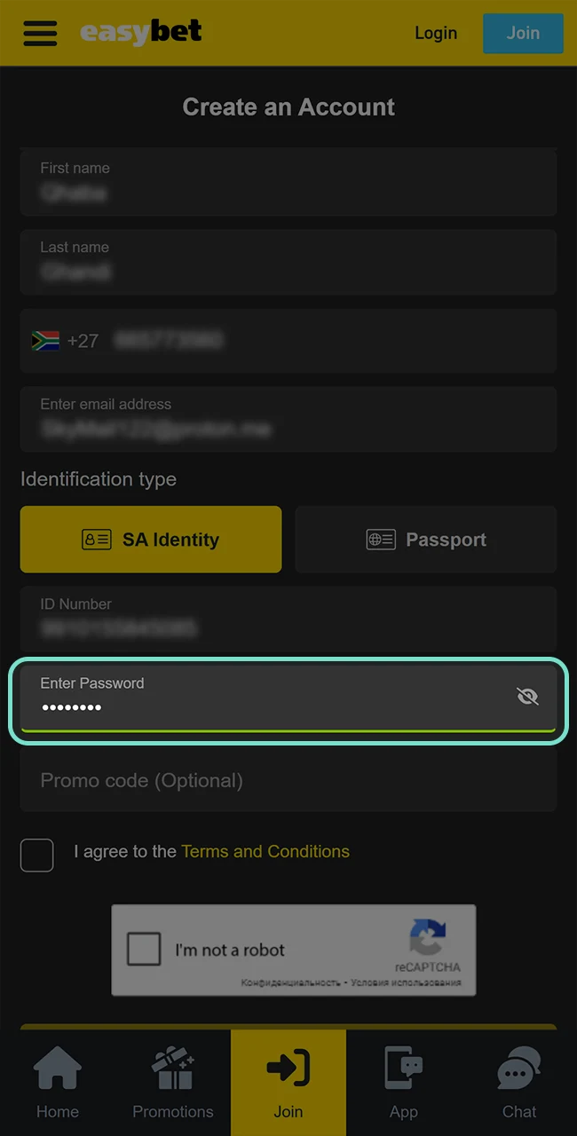 Come up with a strong password for your Easybet account.