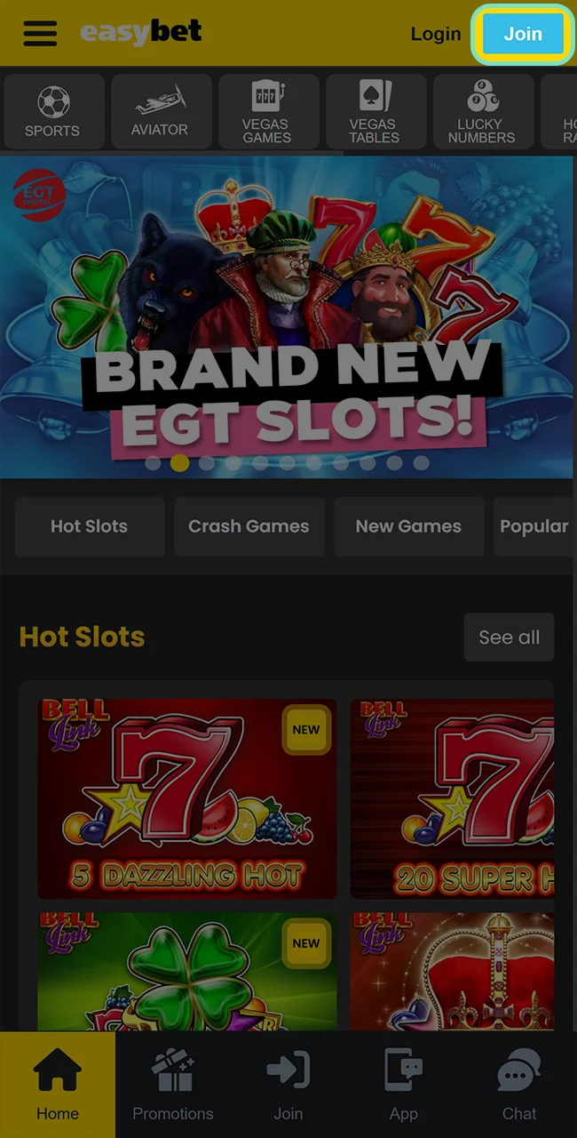 Click on the button to create an account on Easybet.