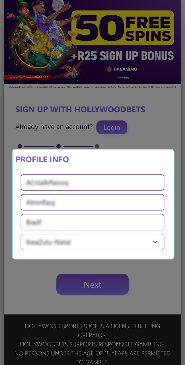 Take care when filling out the registration form on the Hollywoodbets website.