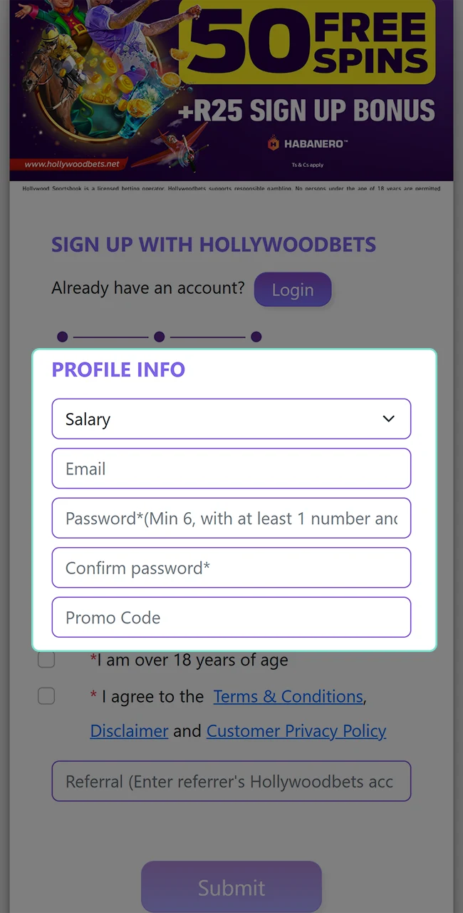 Set up an account and limits for Hollywoodbets.