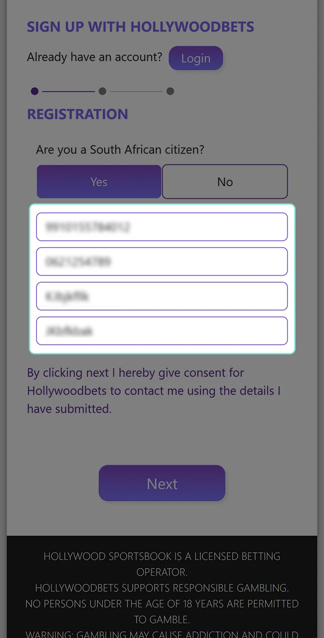 Enter your personal user information to register on the Hollywoodbets website.