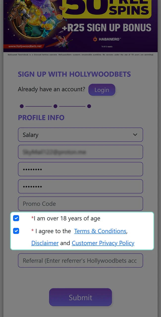 Agree to the rules and guidelines of the Hollywoodbets platform.