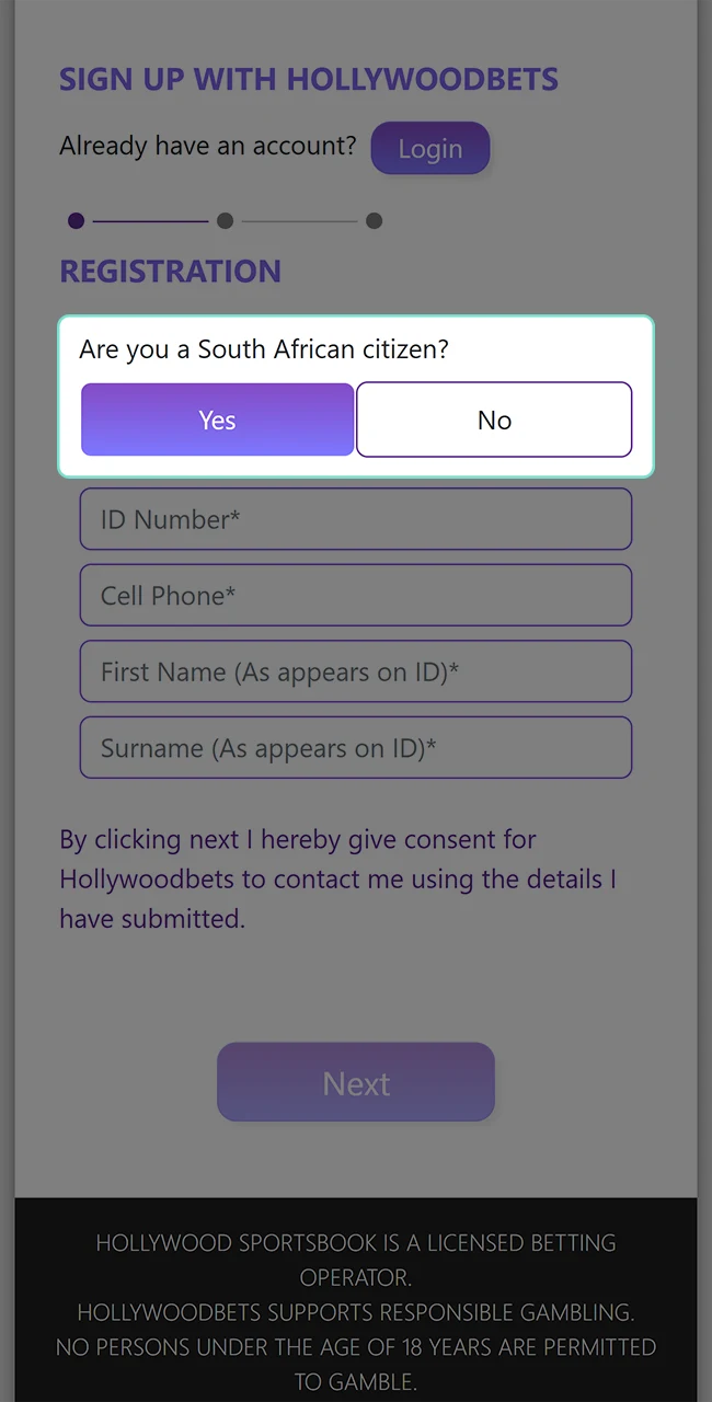 Verify your citizenship status for further registration at Hollywoodbets.