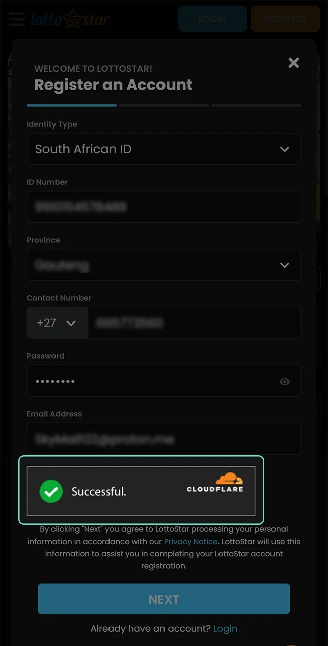 Complete the captcha to verify the user on the LottoStar website.