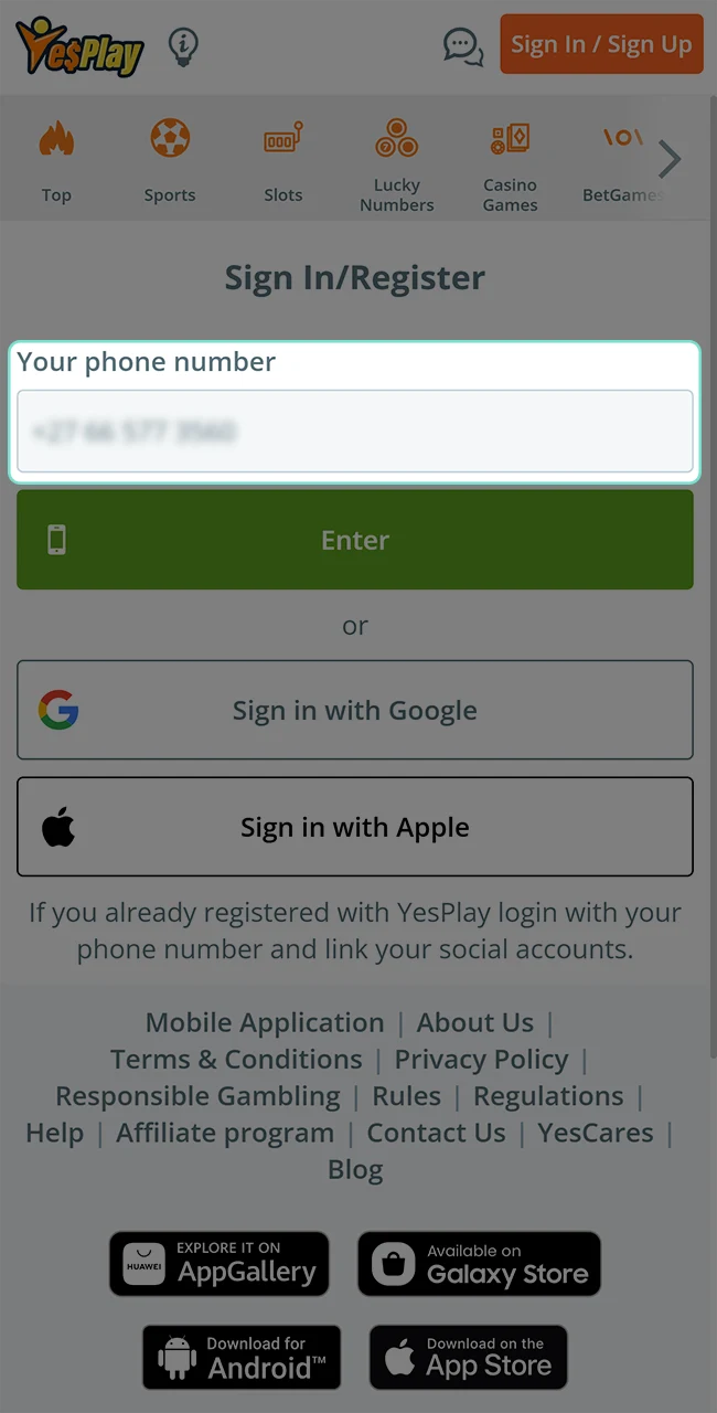 Fill in the field for your phone number on the YesPlay platform.