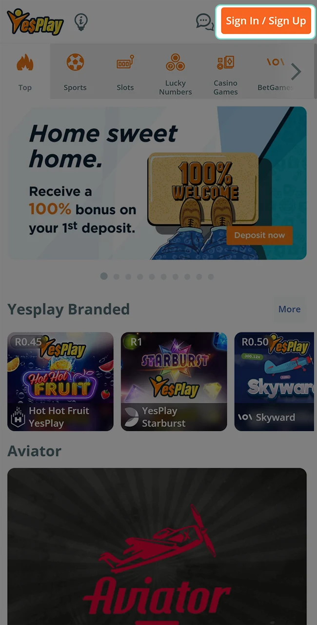 Start your registration at YesPlay Casino via the homepage to play Aviator.