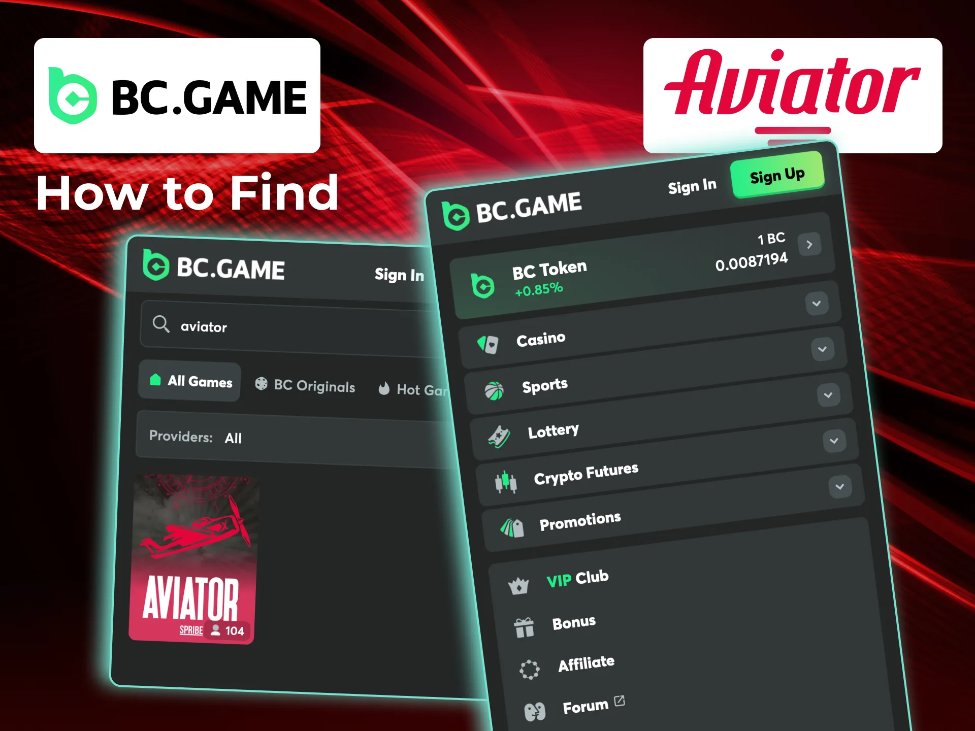 Go to Casino tab at BC Game website and find Aviator under Crash Games.