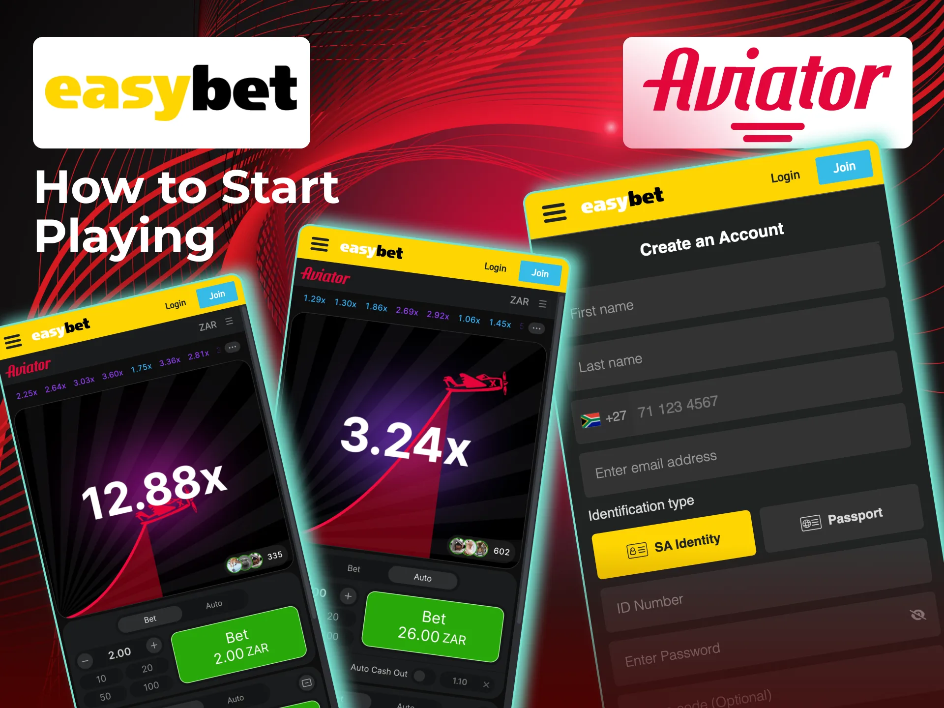 Register, deposit, and play Aviator on Easybet from 1 ZAR.