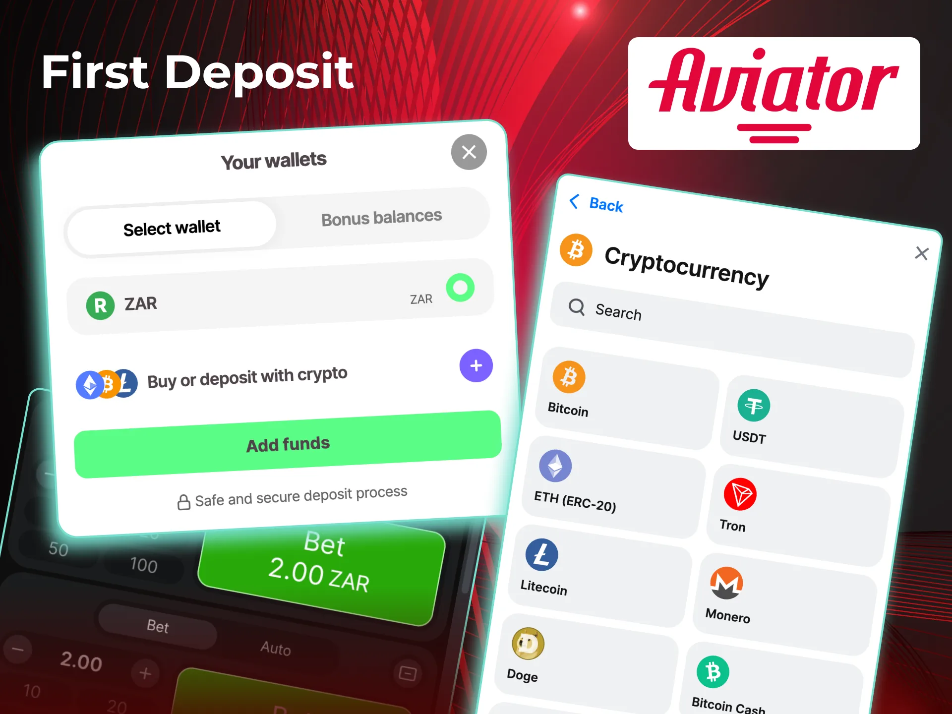 First deposit process for Aviator using bank card or wallet.
