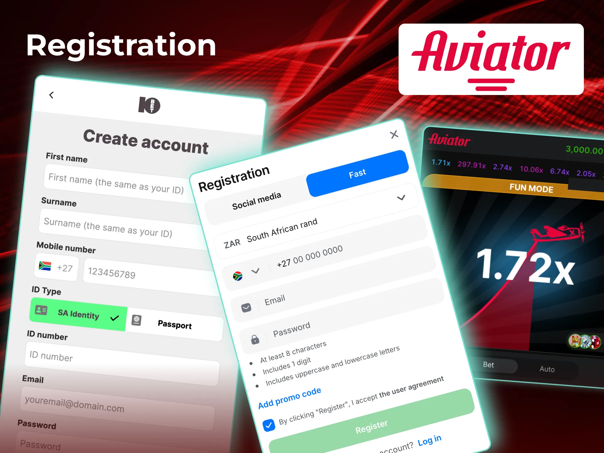 Registration steps for Aviator game on mobile screen.